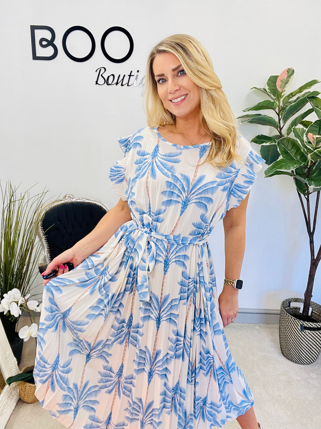 LADIES WOMENS TROPICAL PRINT PLEATED SUMMER MIDI DRESS - BLACK, KHAKI, BLUE, BEIGE & NAVY
