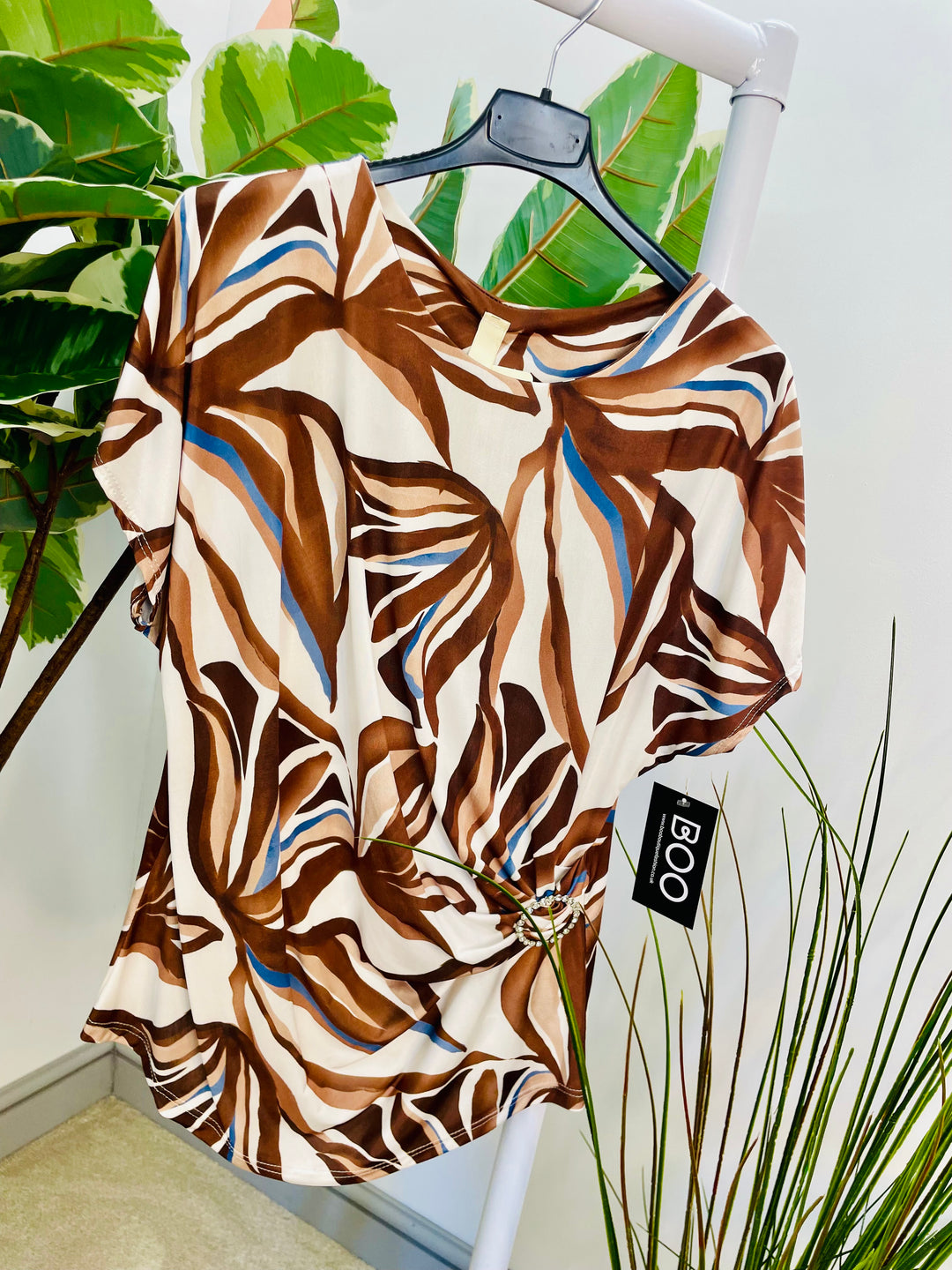 LADIES SILKY FEEL RUCHE SIDE SHORT SLEEVE TOP - BLACK, BROWN, BLUE, BEIGE