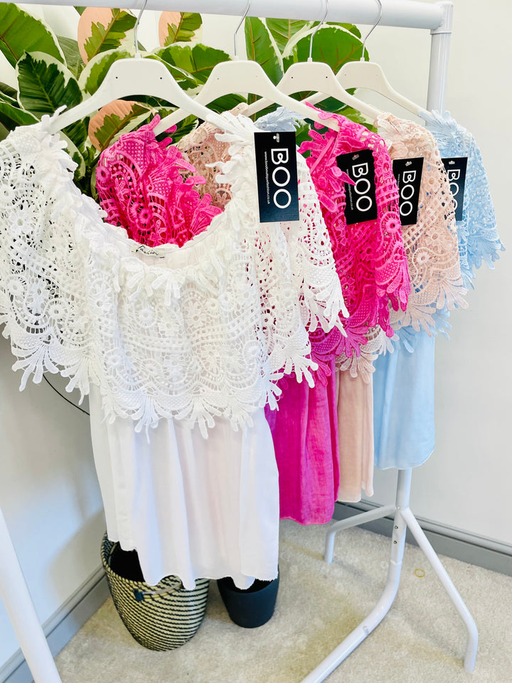 LADIES LACE CROCHET BARDOT SUMMER TOP - FUSCHIA, WHITE, PALE BLUE & PALE PINK