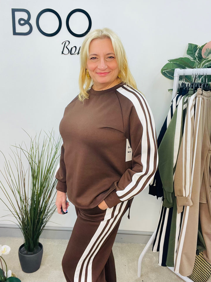 LADIES SPORTS LUXE STRIPE TROUSER CO ORD SET - BLACK, NAVY, KHAKI, MOCHA, BROWN