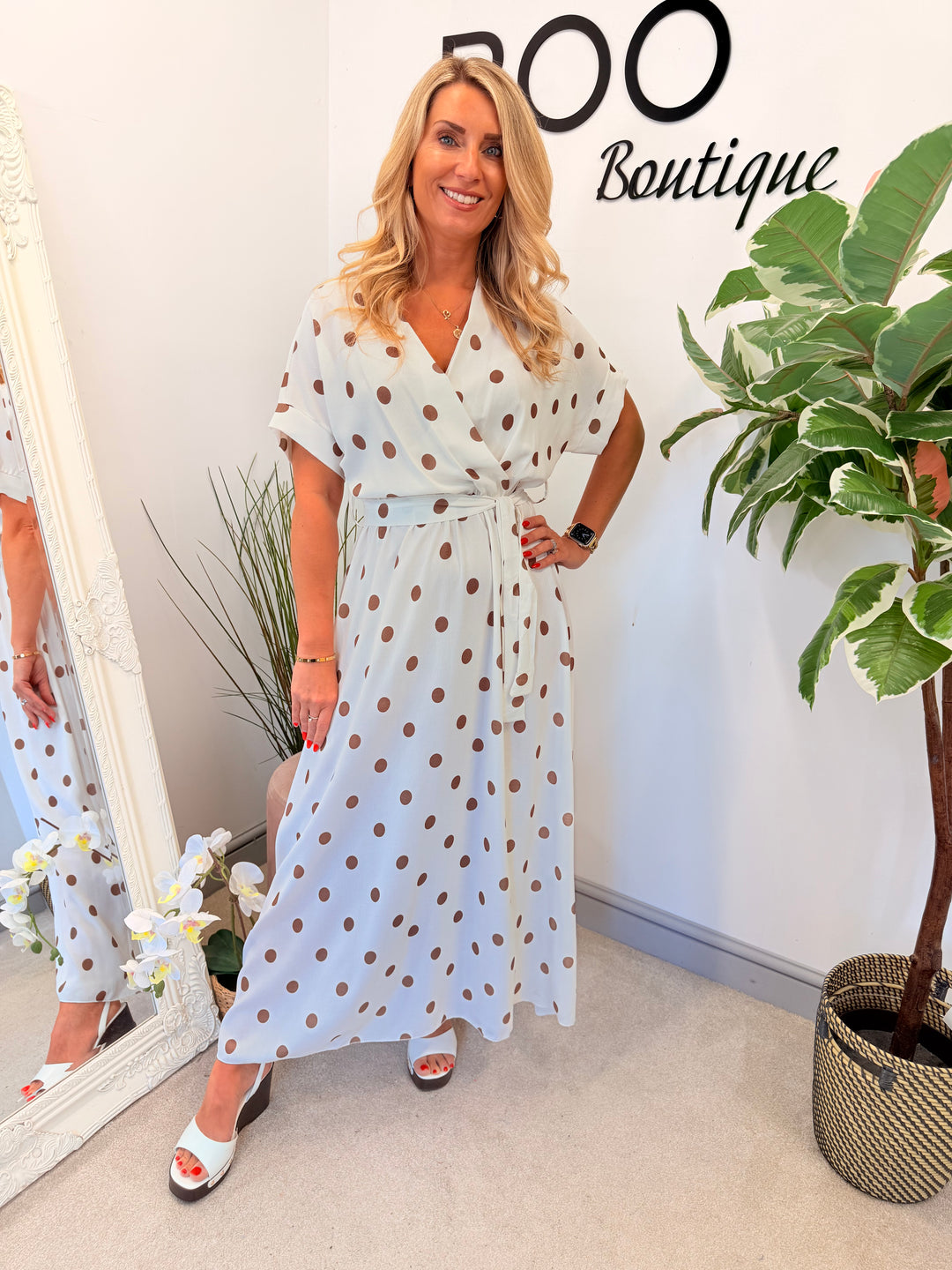 Ladies Polka Dot Wrap Midi Dress - Navy, Cream, Pink, Lemon & Pale Blue
