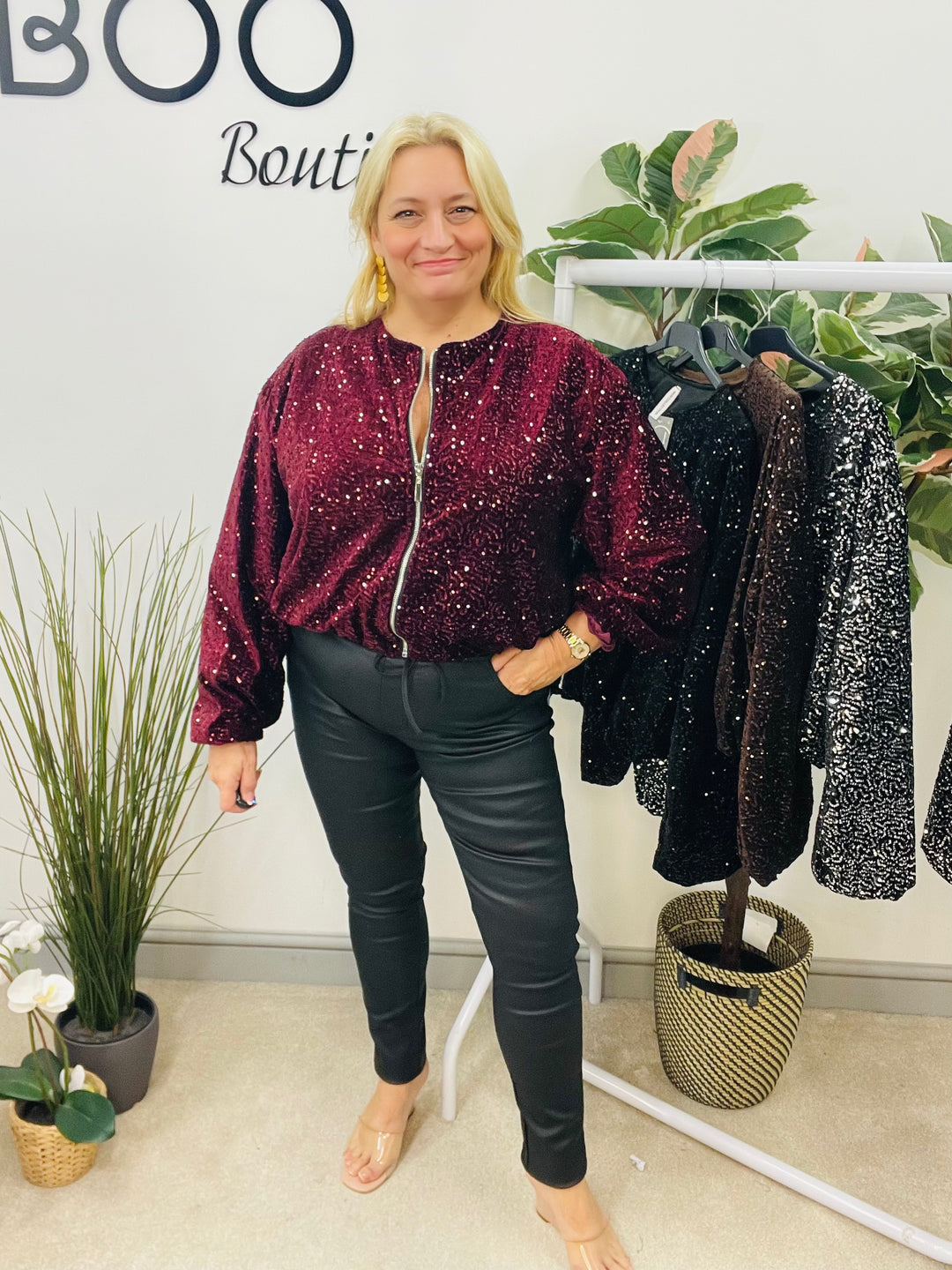 LADIES SEQUIN BOMBER JACKET - BLACK, SILVER, BERRY, BROWN