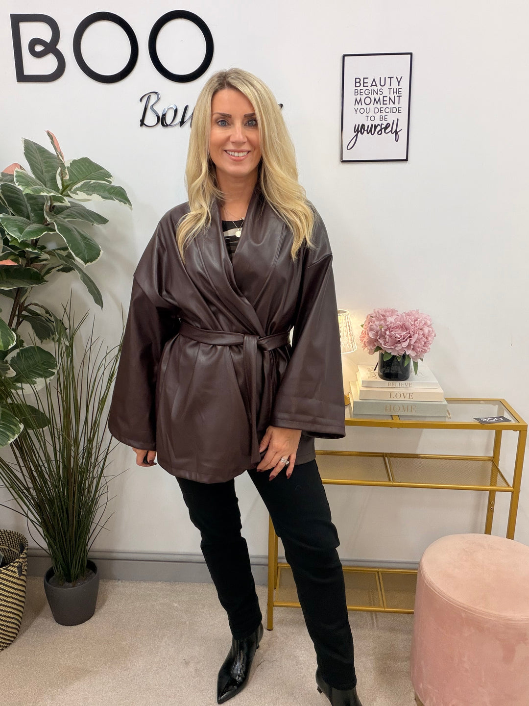 Womens fashion kimono faux leather wrap jacket - plum, black & brown