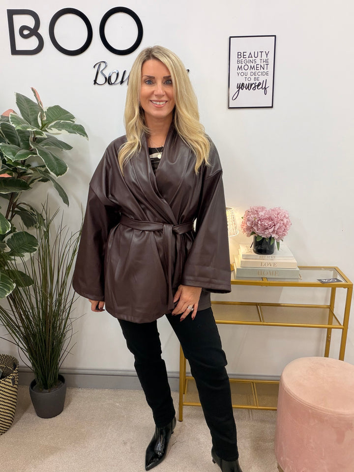 Womens fashion kimono faux leather wrap jacket - plum, black & brown