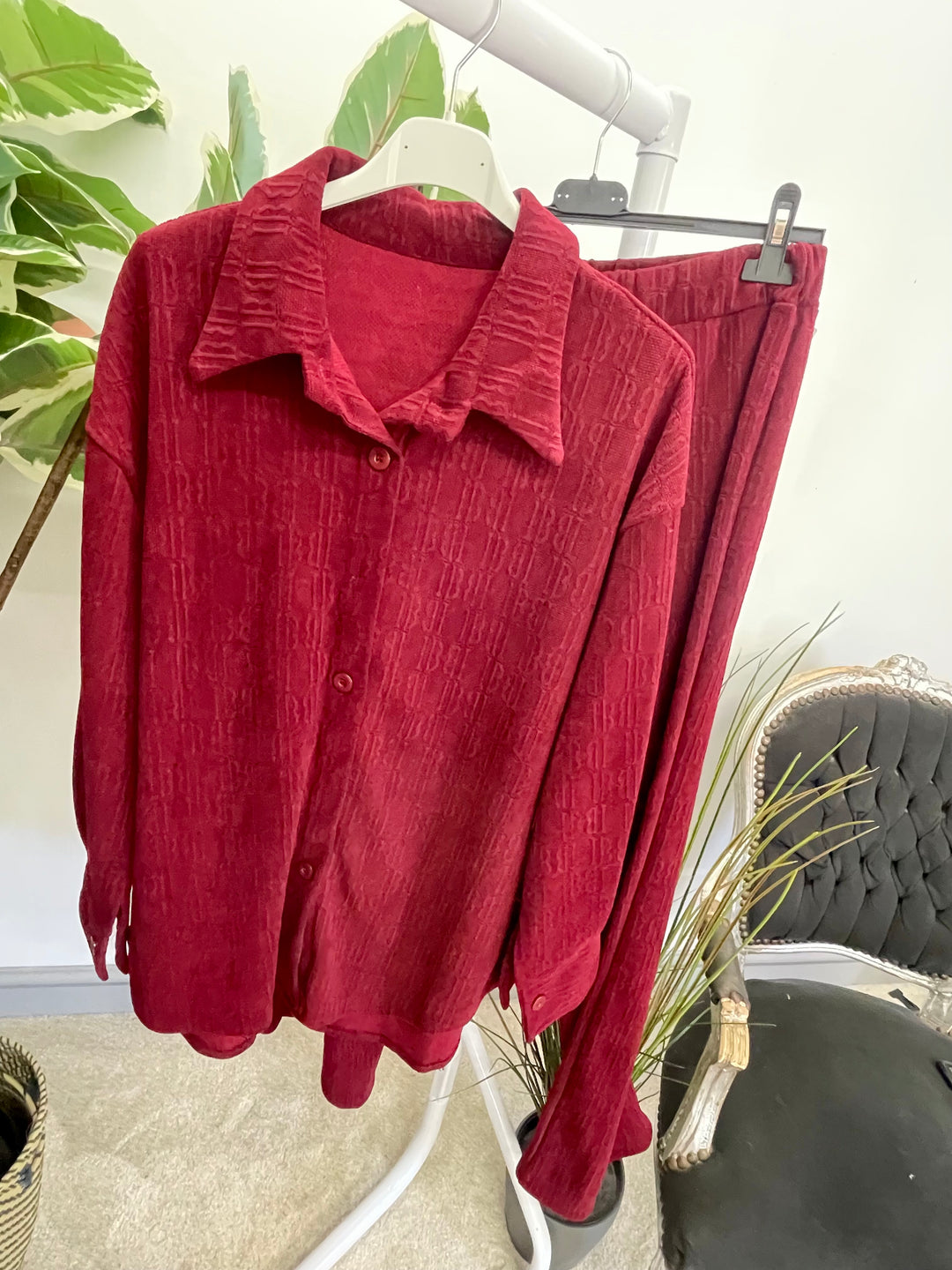 LADIES STRAIGHT LEG TROUSER & JACKET CO ORD SET BURGUNDY WINE