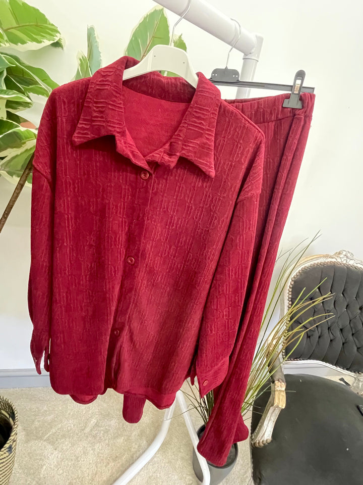 LADIES STRAIGHT LEG TROUSER & JACKET CO ORD SET BURGUNDY WINE