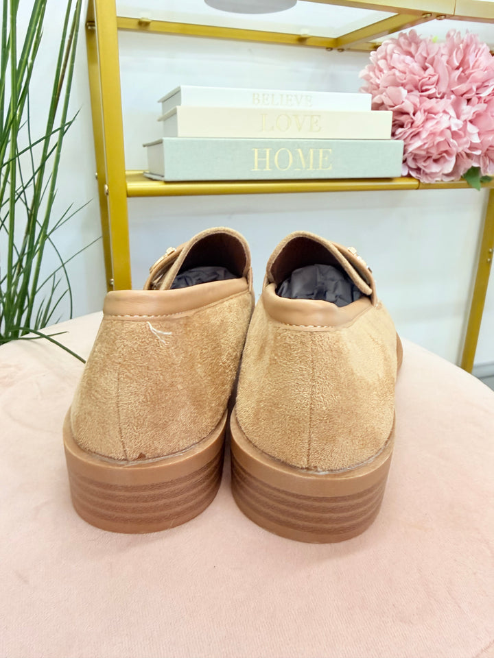 Ladies Fashion Camel Faux Suede Flat Loafer Shoes 