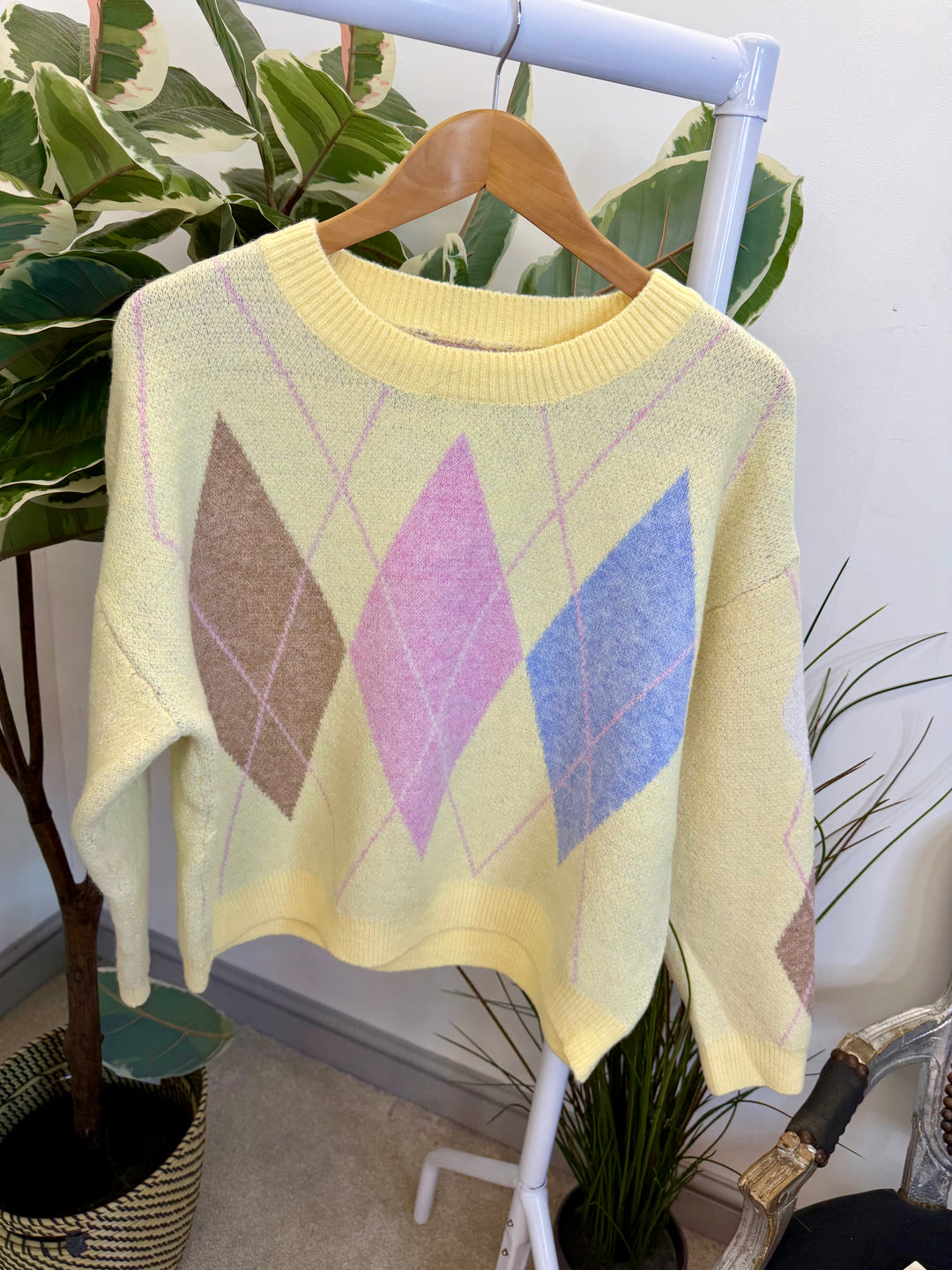 LADIES SOFT KNIT ARGYLE JUMPER - PINK, LEMON, BLUE, MINT & CREAM