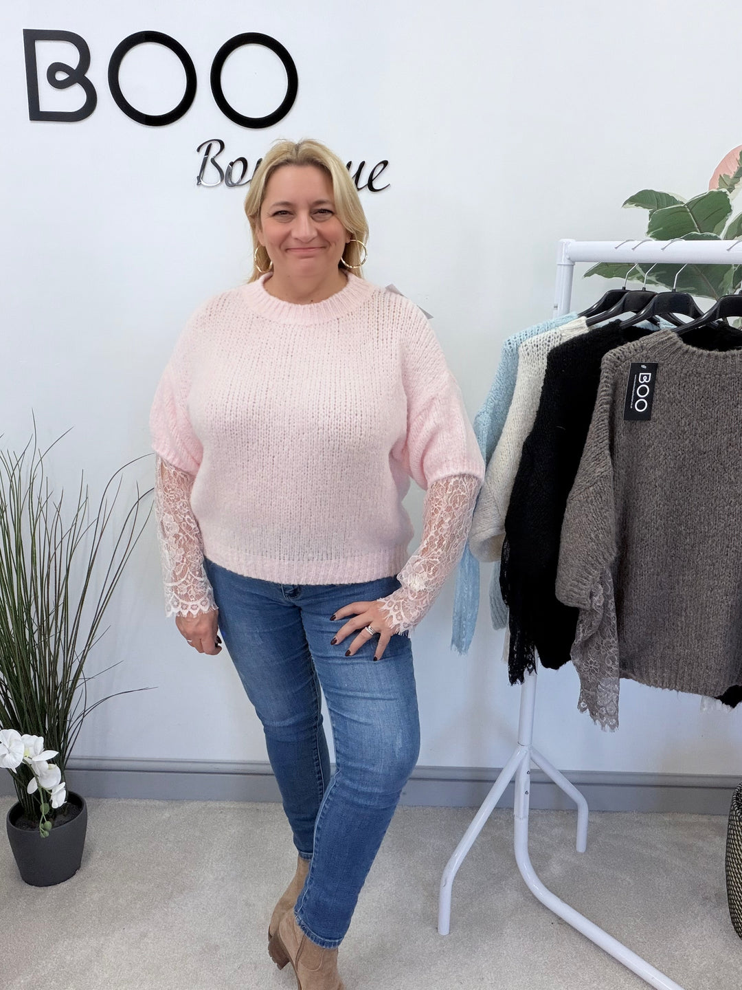 LADIES FASHION CHUNKY KNIT LACE SLEEVE JUMPER - PINK, BLUE, BEIGE, BLACK & BROWN