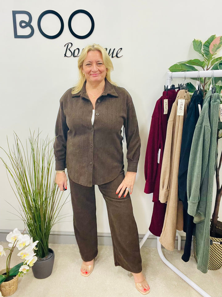 LADIES STRAIGHT LEG TROUSER & JACKET CO ORD SET CHOCOLATE BROWN