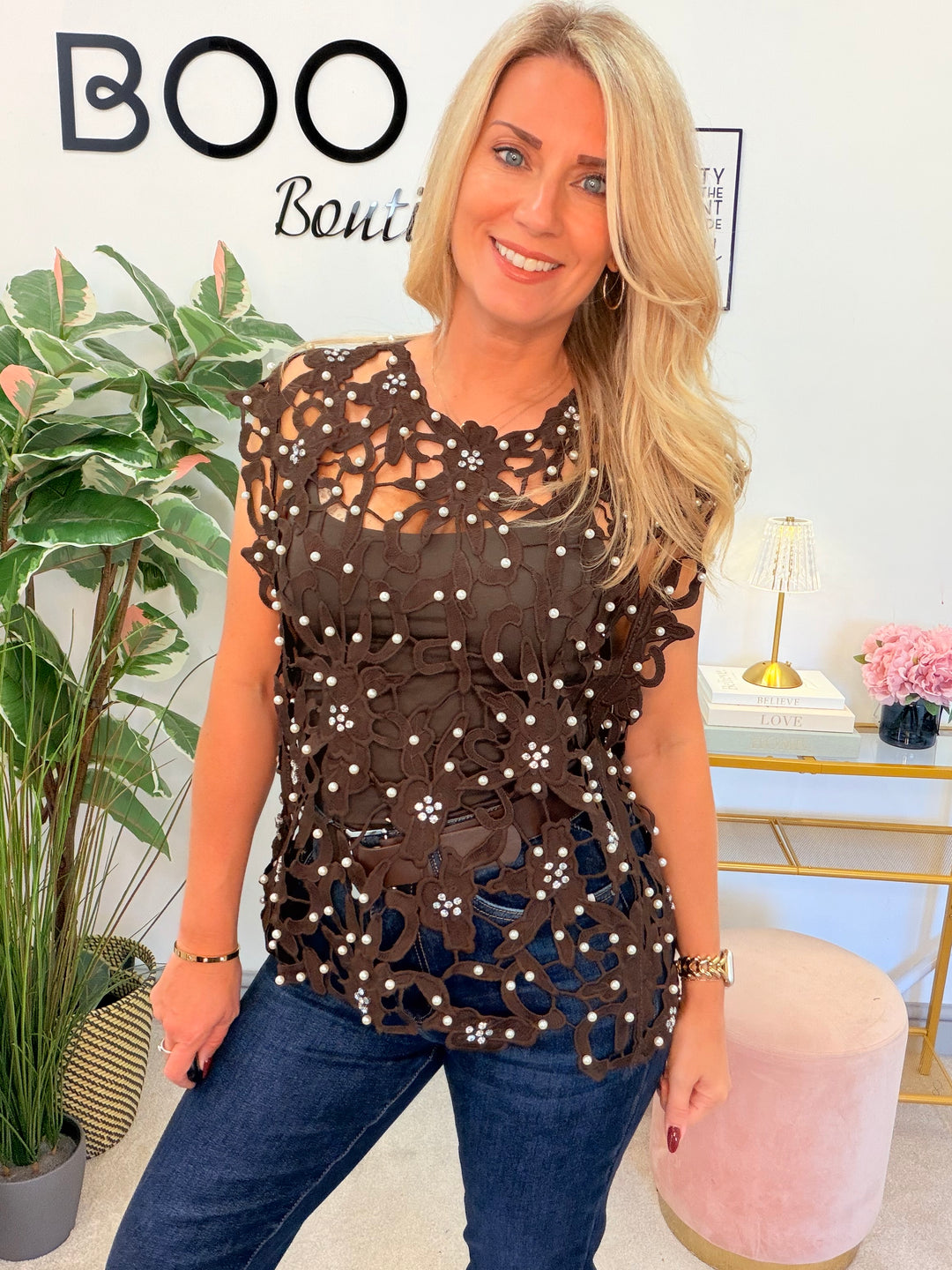 Women’s Crochet Pearl & Diamanté Top - Black, White, Wine, Brown 
