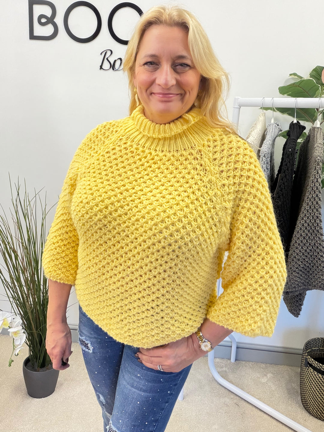 LADIES CHUNKY WAFFLE KNIT JUMPER - LEMON, BEIGE, BLACK, MOCHA & GREY
