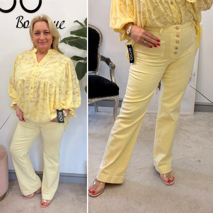 LADIES FASHION LEMON YELLOW HIGH WAIST WIDE LEG JEANS