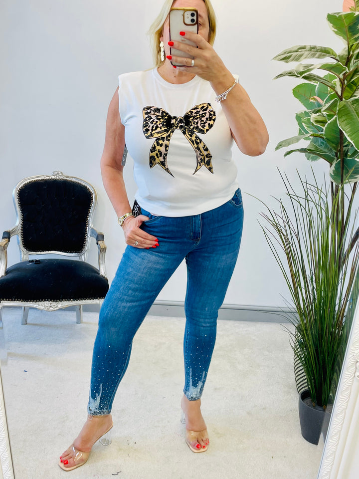 LADIES STRETCH SEQUIN BOW T TEE SHIRT - BLACK & WHITE