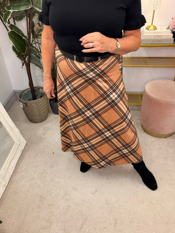 Ladies Fashion Inspired Check A Line Maxi Skirt - Black, Khaki & Camel