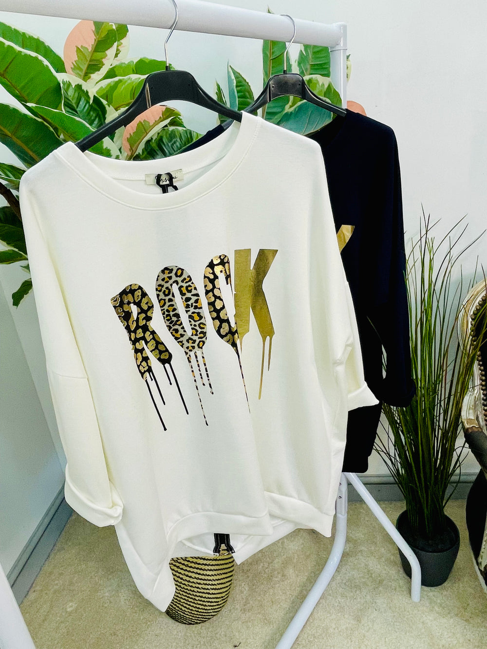 LADIES HOODIE STYLE LOOSE FIT TOP - WHITE & NAVY
