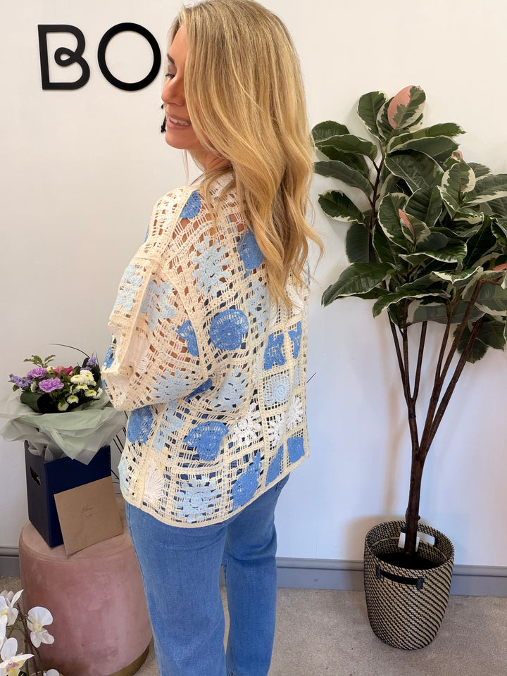 Ladies Fashion Beige Crochet Bolero Cardigan - pink, green & blue