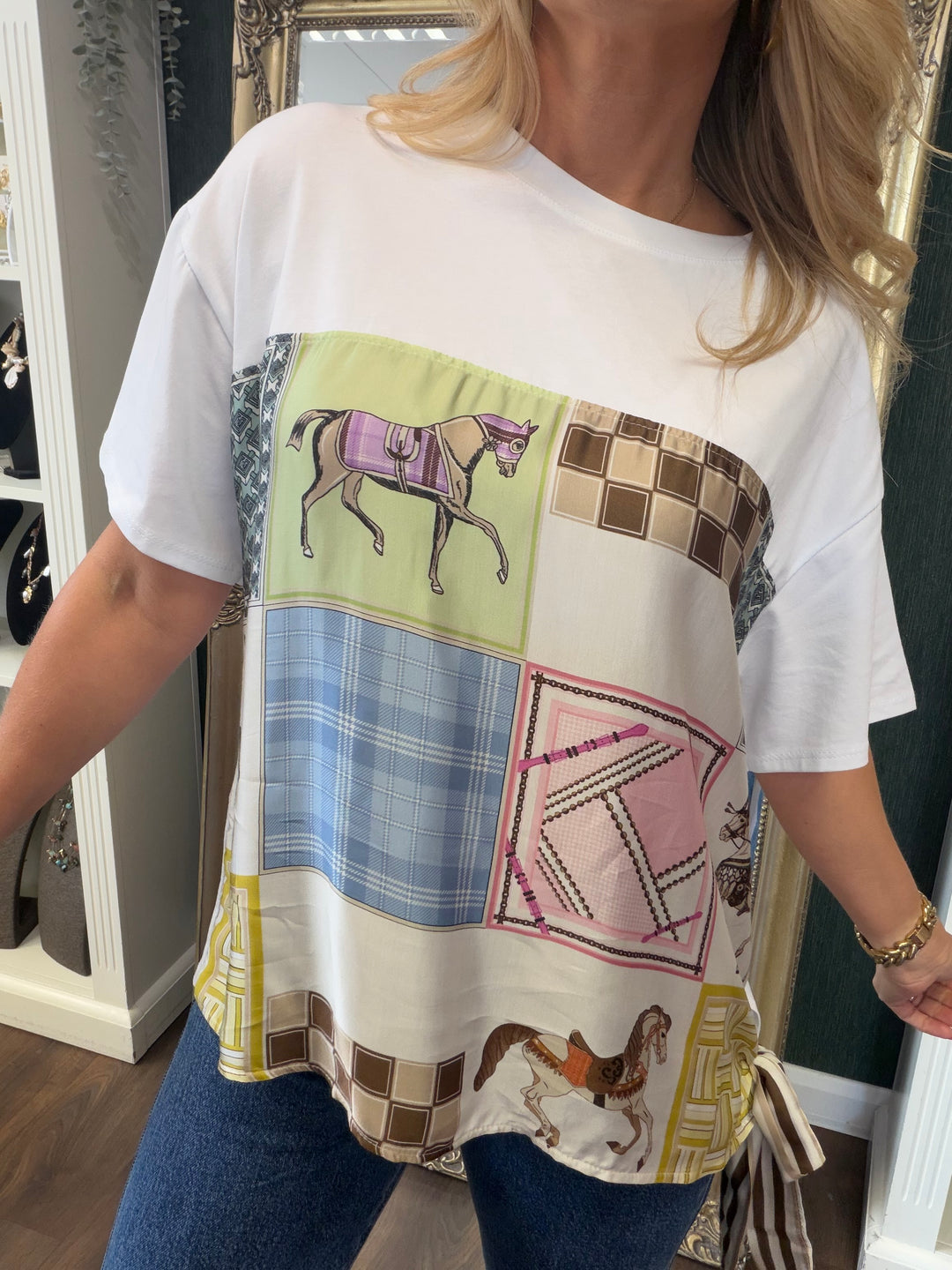 Ladies White Satin T Shirt - Pink & Blue