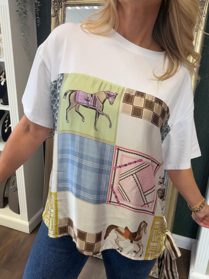 Ladies White Satin T Shirt - Pink & Blue