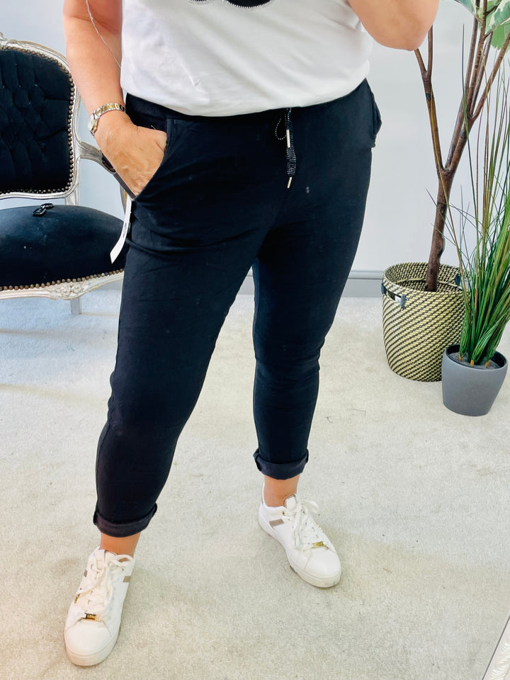 LADIES WOMENS BLACK CRINKLE STRETCH CASUAL MAGIC TROUSERS