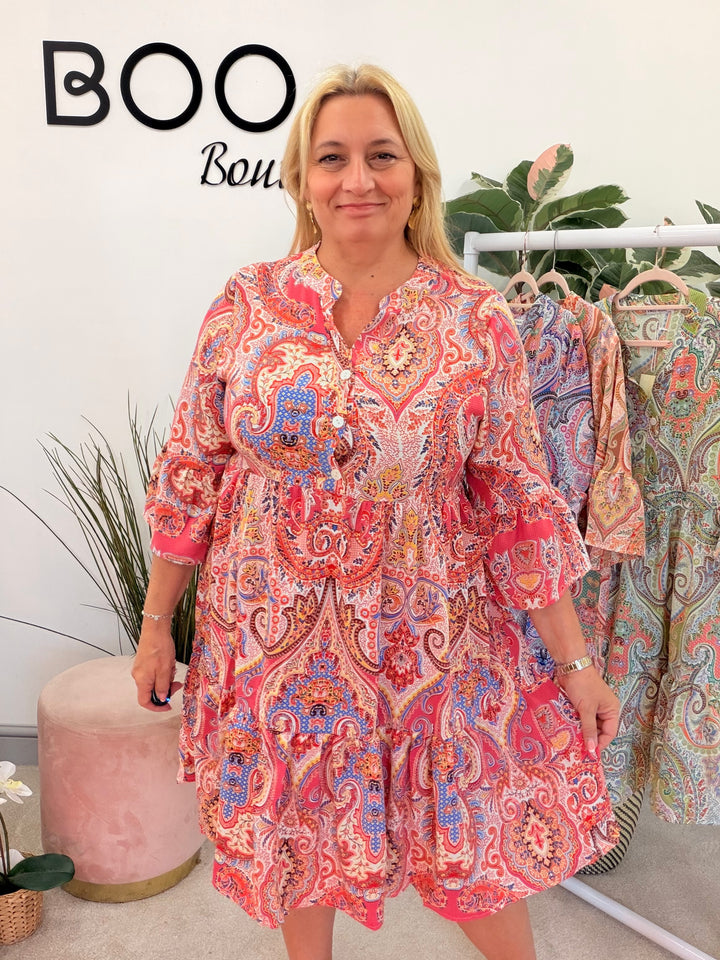 Ladies Paisley Print Smock Summer Dress - green, blue, pink, orange