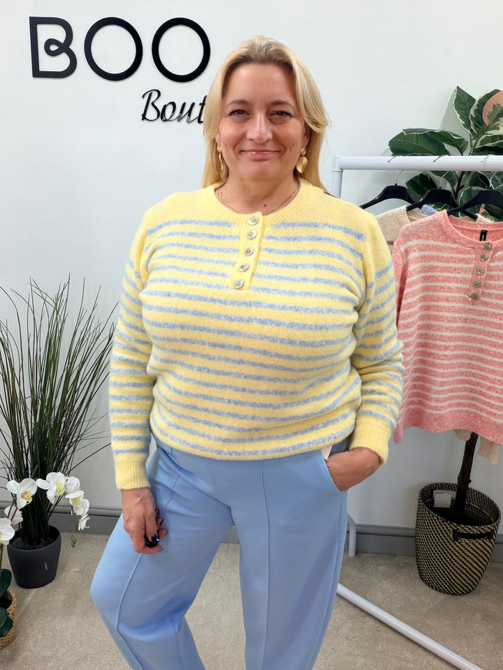 LADIES SOFT KNIT STRIPE GRANDAD JUMPER - LEMON, PINK, BLUE & BEIGE