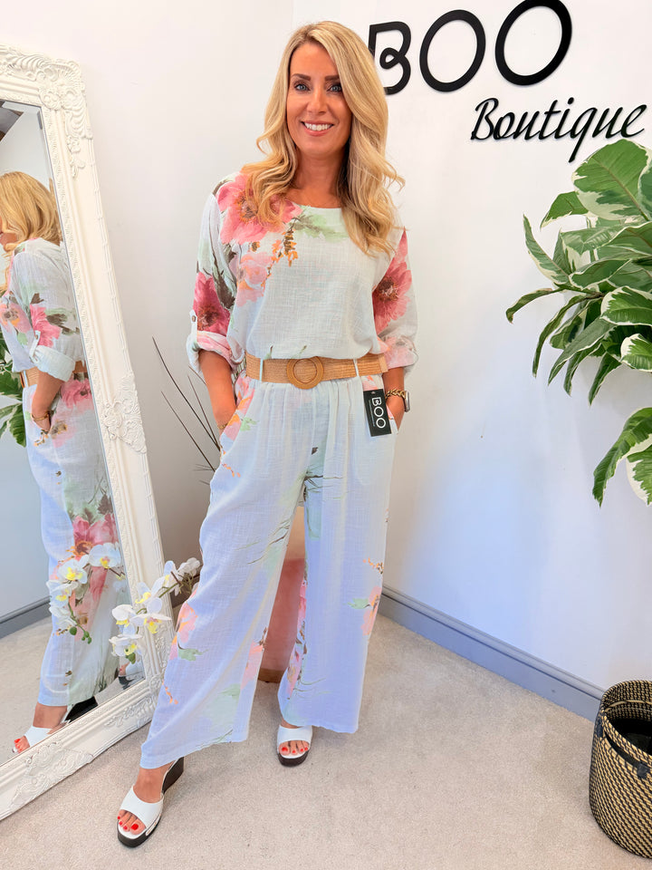 Ladies Fashion Flower Print Light Linen Wide Leg Trousers - White, Pink & Lemon