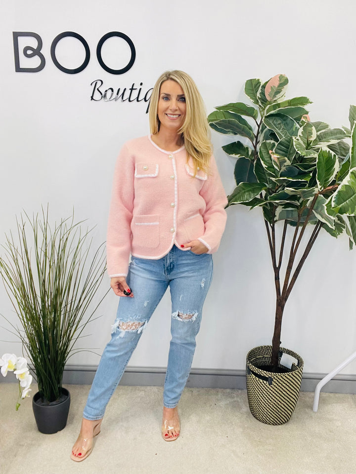 LADIES FLUFFY KNIT INSPIRED STYLE CARDIGAN - PINK & BLUE