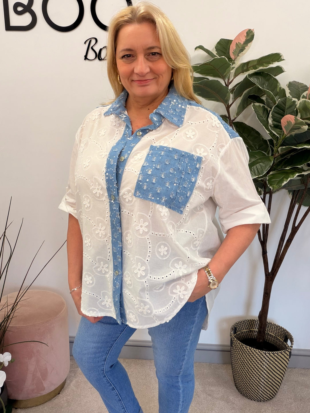 Ladies Fashion White Broderie Anglaise Shirt Blouse