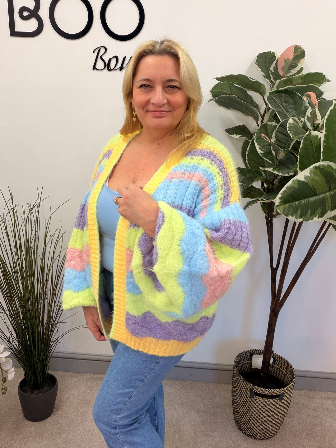 LADIES RAINBOW PASTEL STRIPE CHUNKY KNIT OVERSIZE CARDIGAN