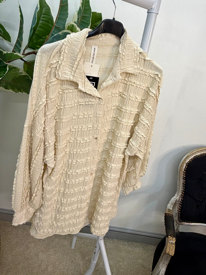 LADIES FRILL SHIRT BLOUSE - WHITE, BEIGE, PINK, LEMON, BLUE & BLACK