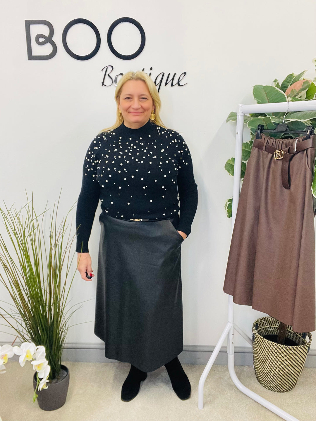 LADIES FAUX LEATHER MIDI SKIRT - CHOCOLATE BROWN & BLACK