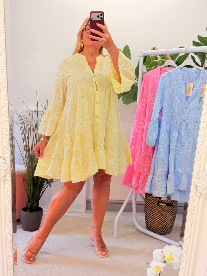 Ladies Cotton Swing Smock Summer Dress - pink, lemon, blue