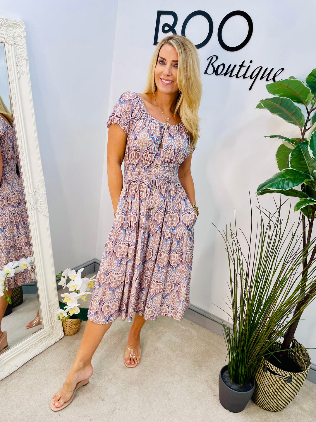 LADIES SUMMER MIDI DAY DRESS - LILAC, BEIGE, BLUE & KHAKI