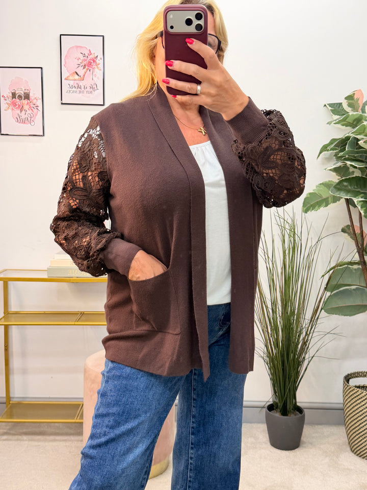 Ladies Crochet Sleeve Longline Cardigan - Black, Brown, Khaki, Wine, Beige & Grey