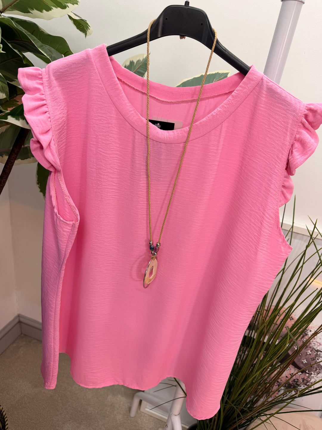 Ladies Fashion Frill Cap Sleeve Top candy pink