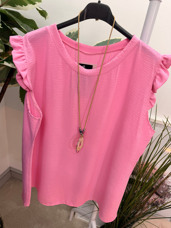 Ladies Fashion Frill Cap Sleeve Top candy pink