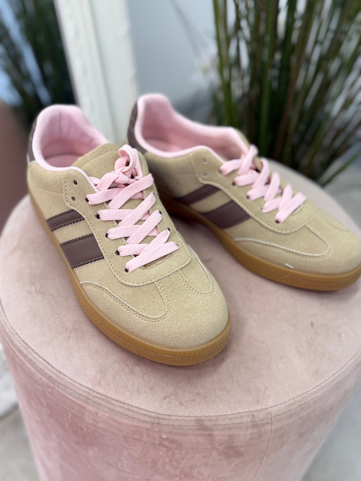 Ladies Fashion Beige Faux Suede Inspired Stripe Trainers