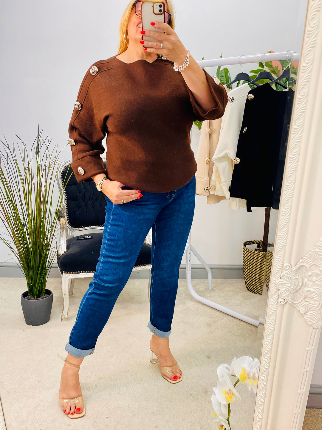 LADIES THICK KNIT GOLD BUTTON JUMPER - WHITE, BEIGE, BROWN & BLACK