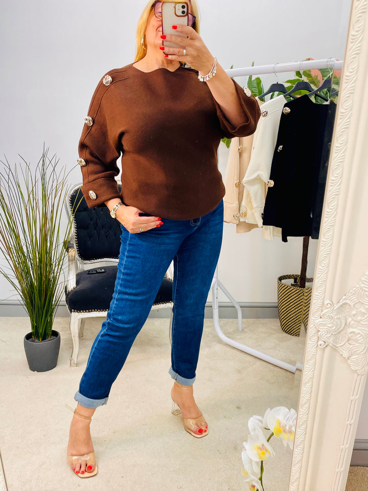 LADIES THICK KNIT GOLD BUTTON JUMPER - WHITE, BEIGE, BROWN & BLACK