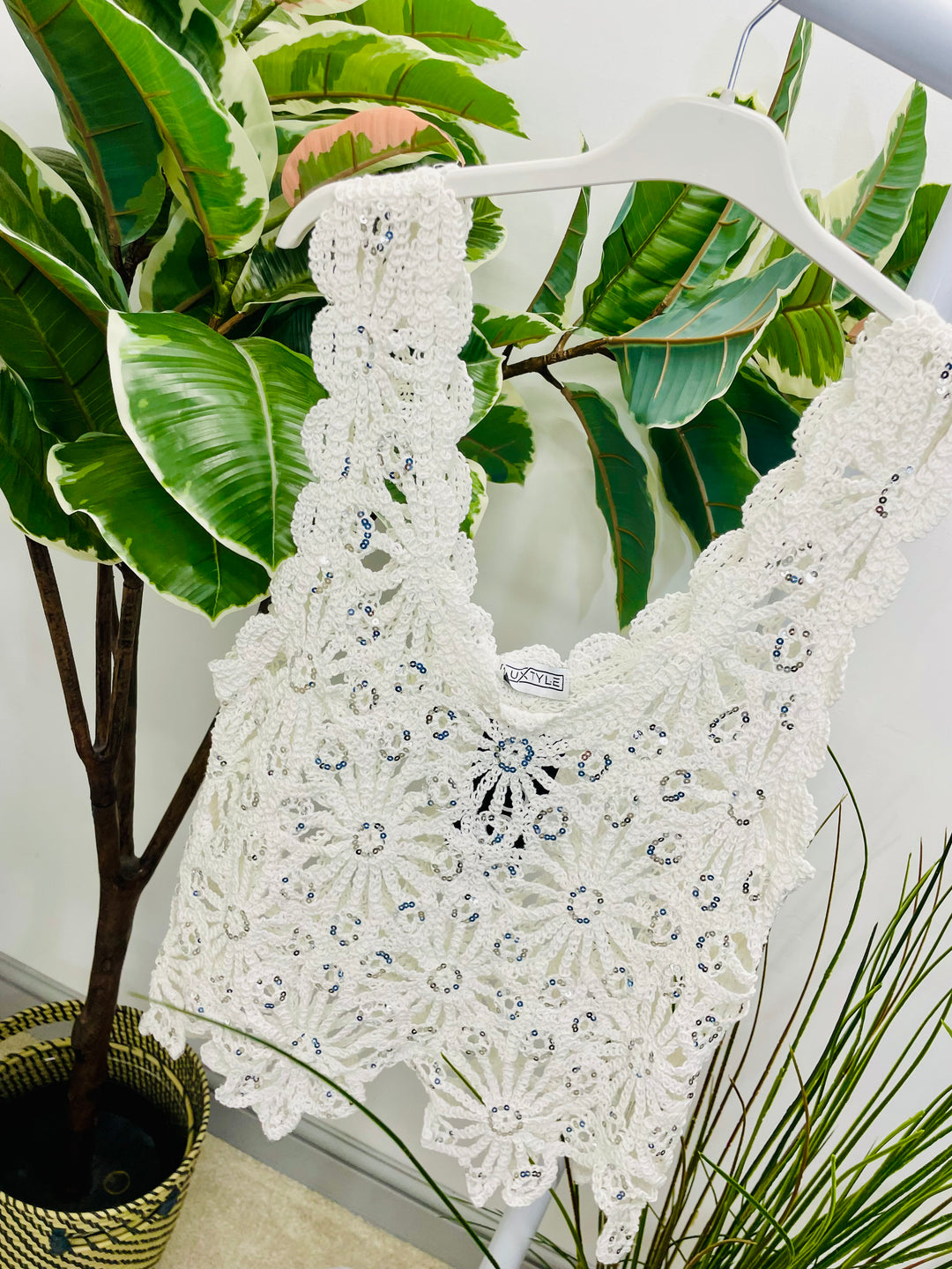 WOMENS CROCHET SEQUIN SUMMER TOP - WHITE & BEIGE