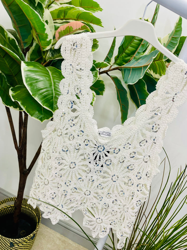 WOMENS CROCHET SEQUIN SUMMER TOP - WHITE & BEIGE