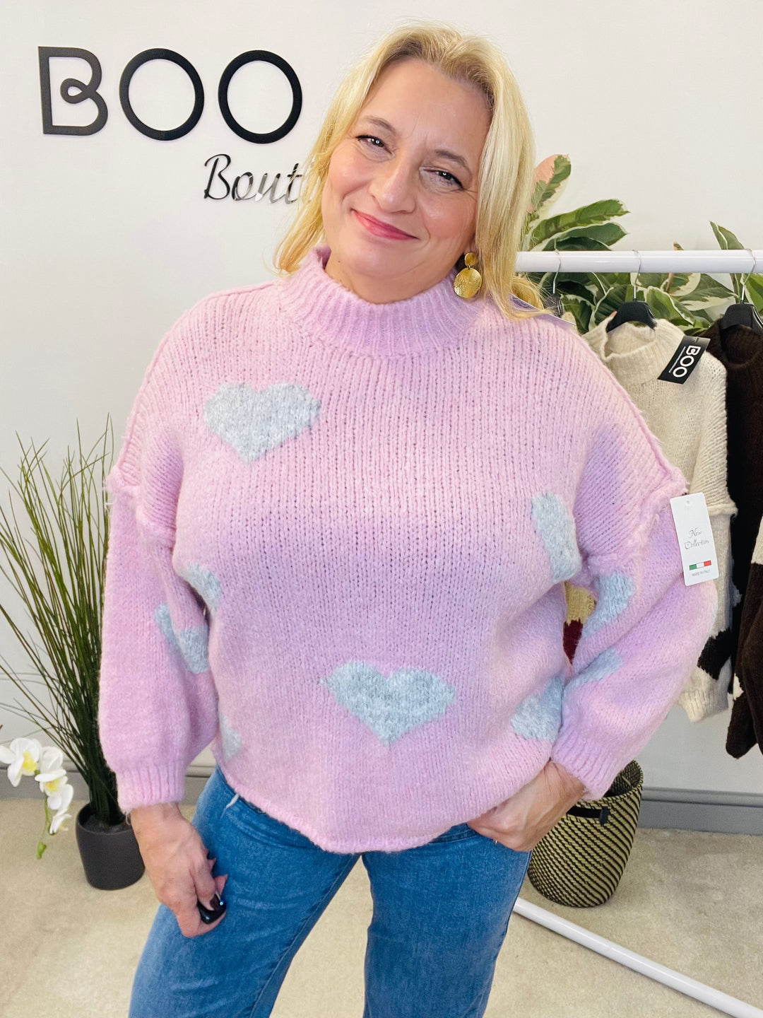 LADIES CHUNKY KNIT HEART JUMPER - MOCHA, BEIGE, BROWN & PINK