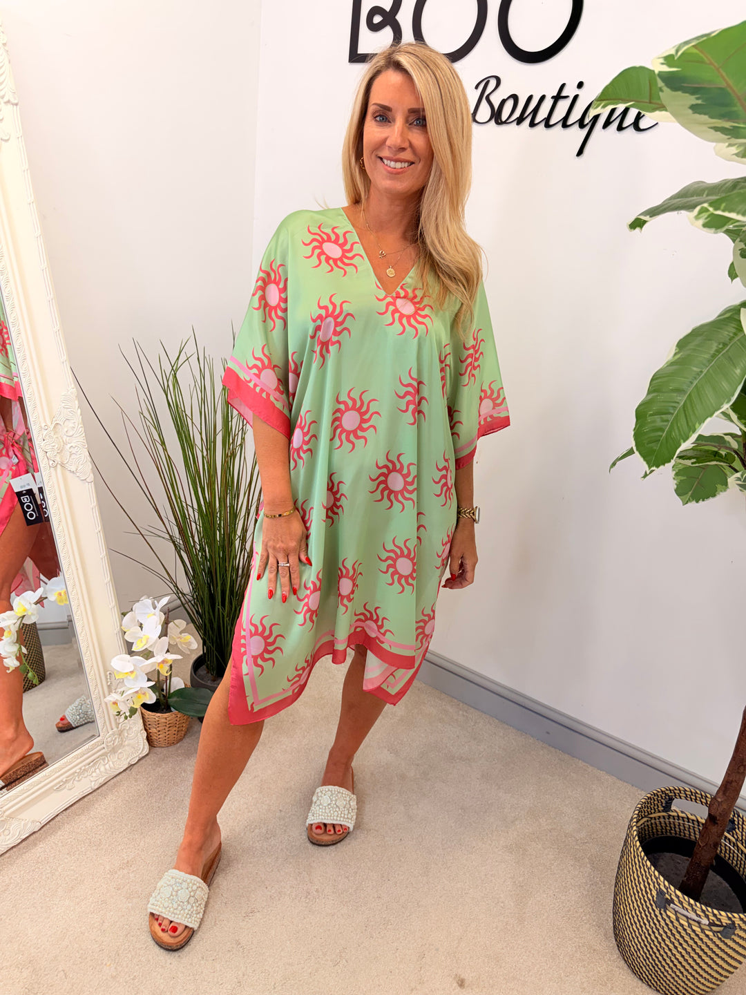 Ladies Fashion Silky Sun Print Kaftan Beach Cover Up Top 