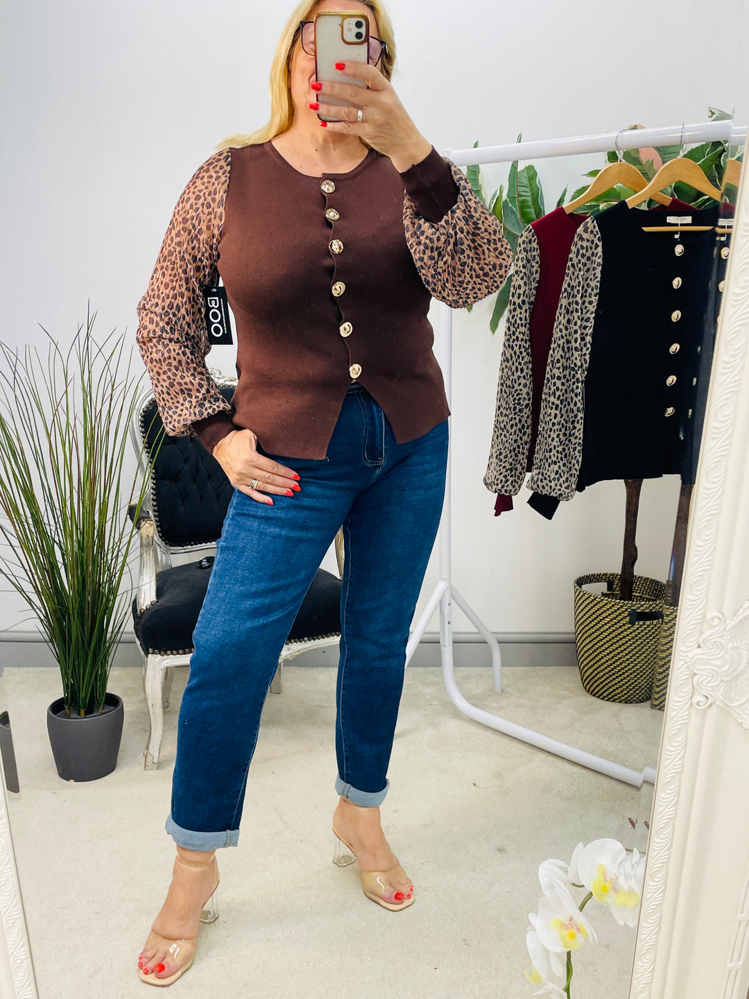 LADIES KNITTED LEOPARD SLEEVE CARDIGAN TOP - BLACK, WINE, BROWN