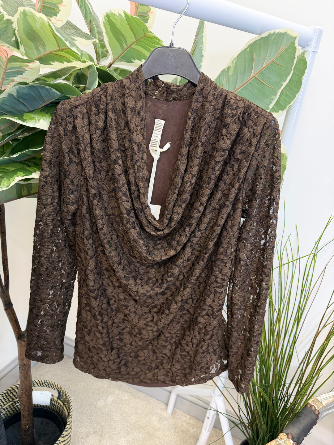 LADIES LACY COWL NECK LONG SLEEVE TOP - BLACK, WHITE & BROWN