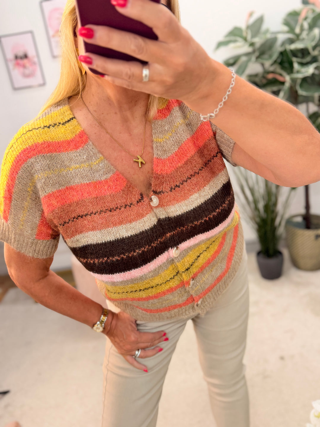 Ladies Fashion Orange/Brown Stripe Short Sleeve Cardigan