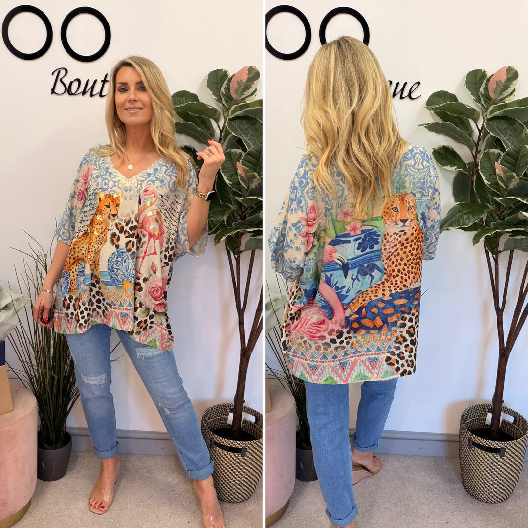 Ladies Fashion Blue Tiger & Flamingo Lurex Loose Fit Top