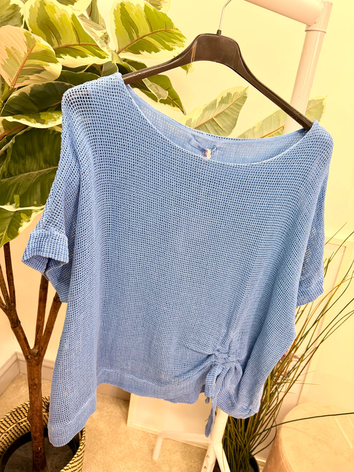 Ladies Fashion Teabag Linen Short Sleeve Top royal blue