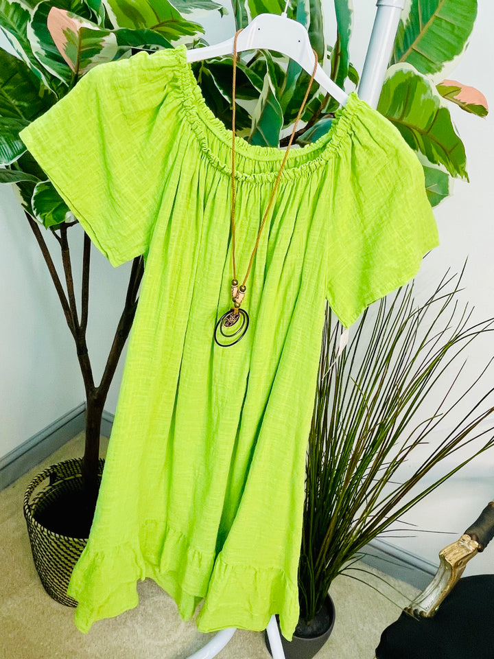 LADIES COTTON SUMMER BARDOT DRESS - BLACK, NAVY, PINK, LEMON, ORANGE, BLUE & LIME